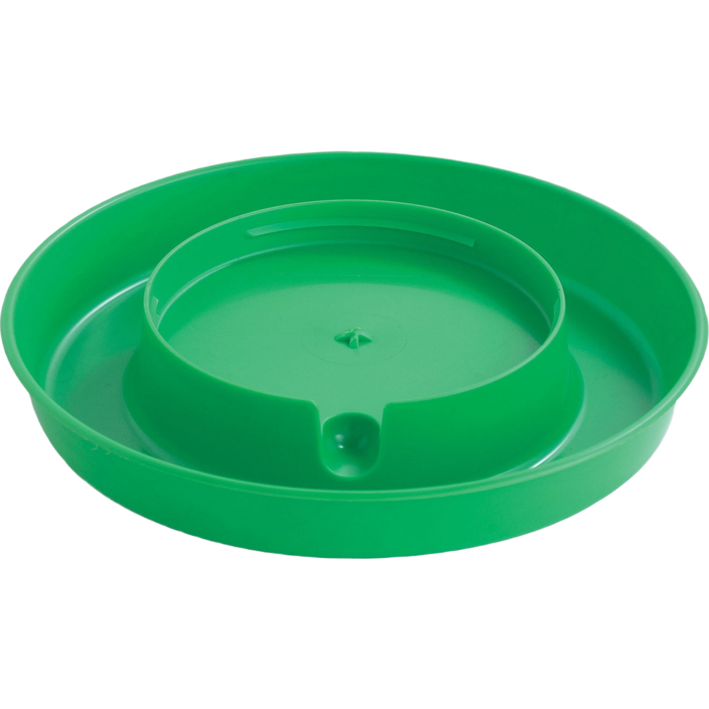 Green plastic screw-on base designed for attaching to poultry waterers in farm and home settings