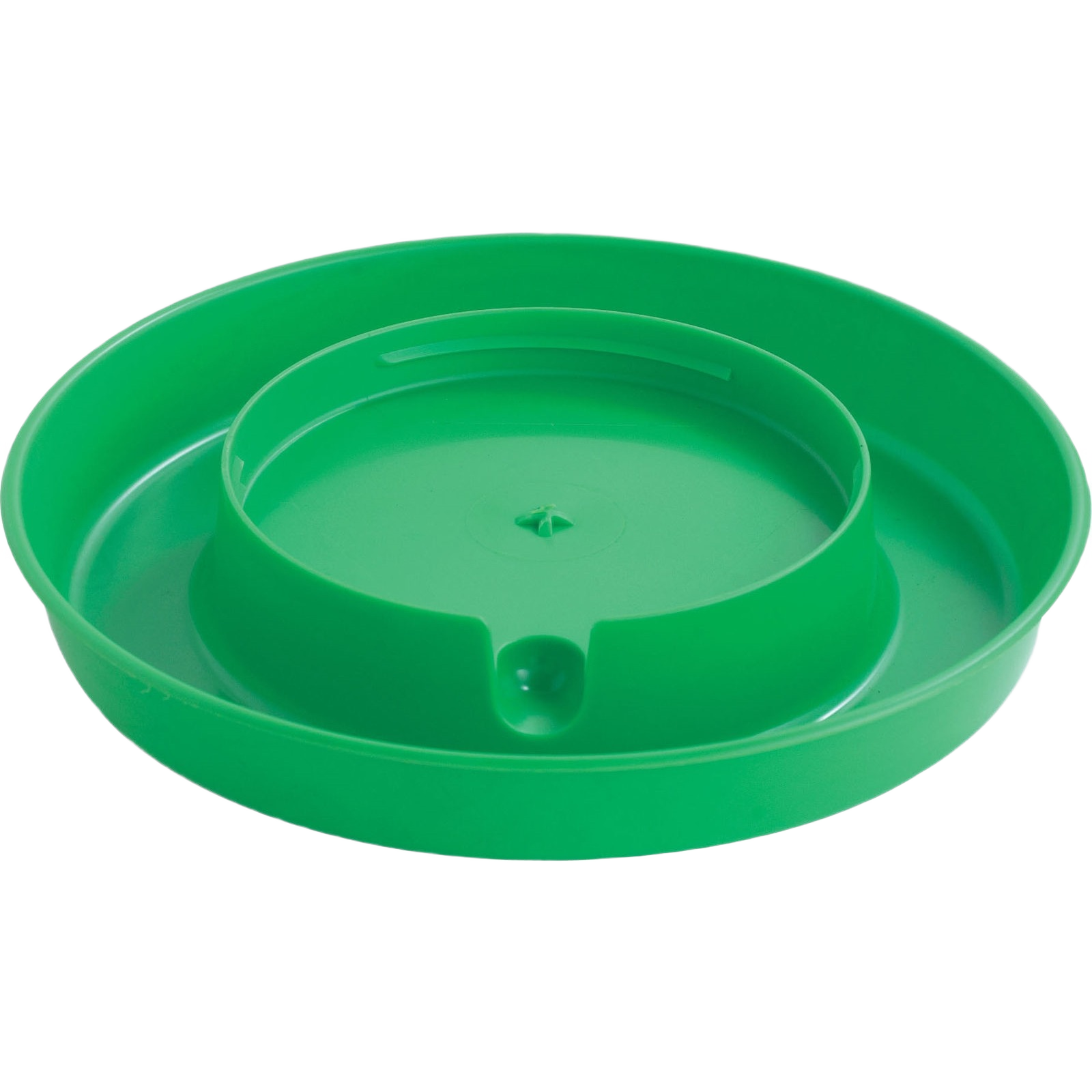 Green plastic screw-on base designed for attaching to poultry waterers in farm and home settings