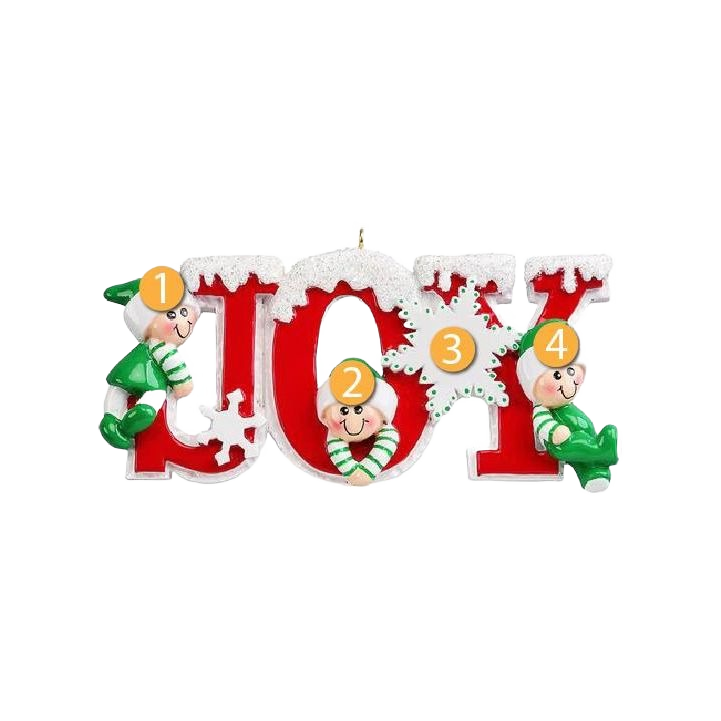 Red "Joy" Christmas ornament with snow accents and three small elves in green outfits for holiday tree decor under $50