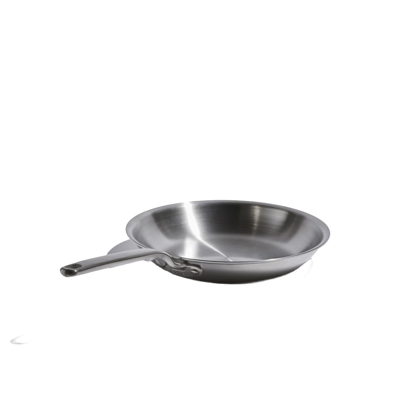 Stainless steel fully clad fry pan with long handle for even heating, from kitchenware collection.