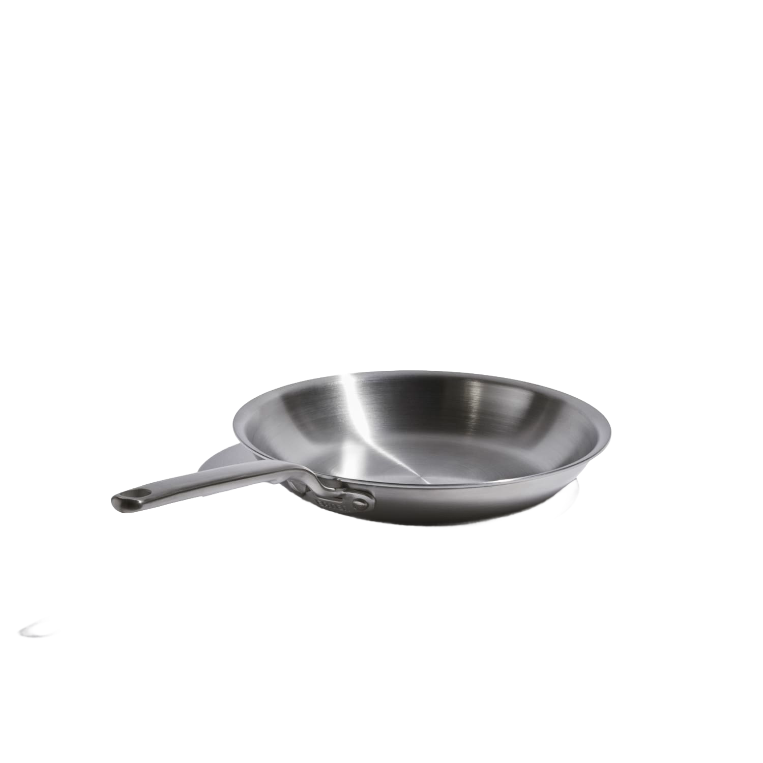 Stainless steel fully clad fry pan with long handle for even heating, from kitchenware collection.