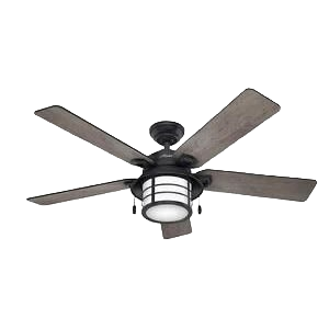 Ceiling fan with five dark wood blades and integrated light fixture in a black metal frame for home improvement use