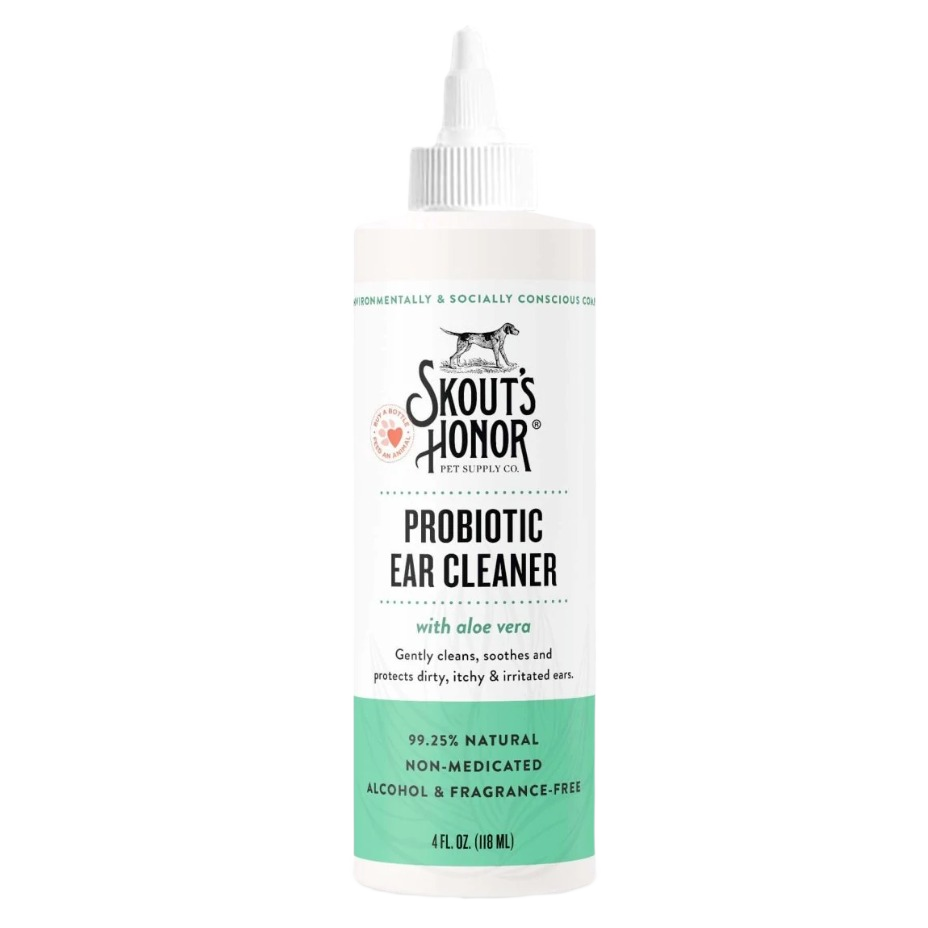 Bottle of probiotic ear cleaner with aloe vera for dogs and cats, designed to soothe and protect irritated ears.