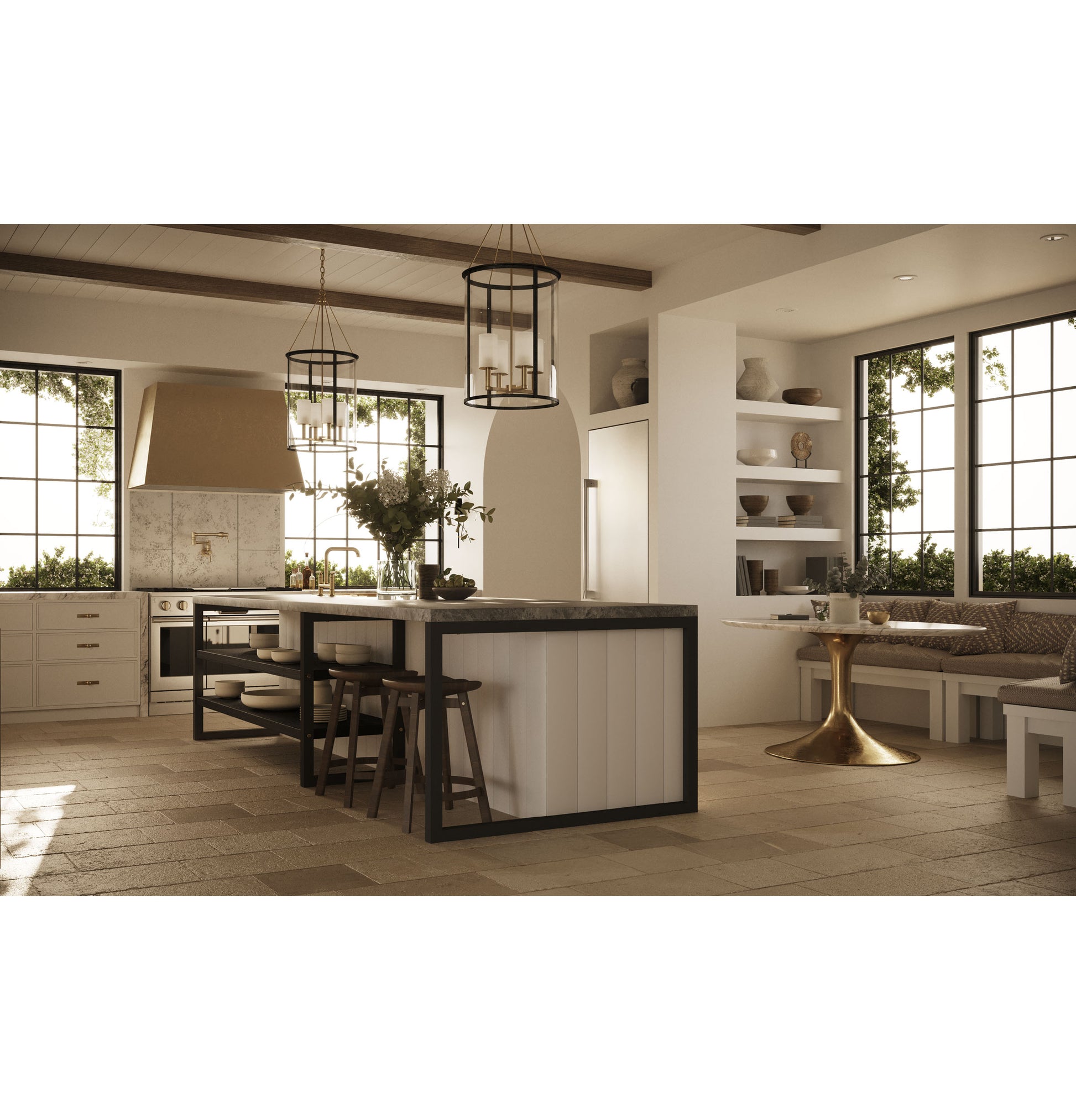 Modern kitchen interior with large island, pendant lighting, built-in shelving, and integrated refrigerator in appliances collection