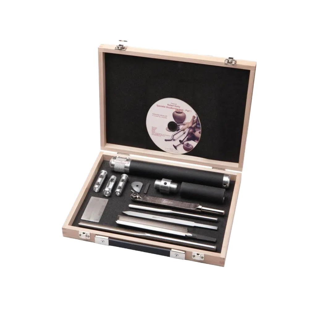 Woodturning tool set with multiple hollowing tools and attachments in a wooden case from Robert Sorby collection