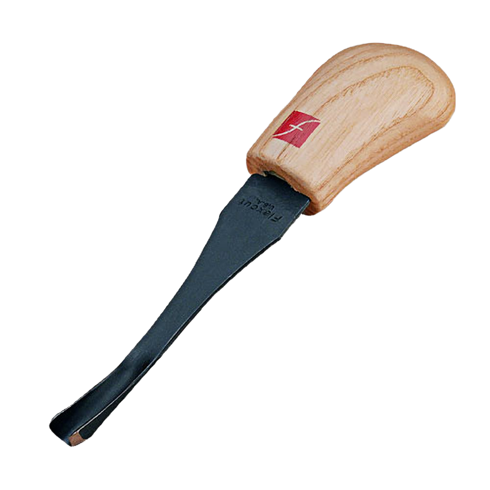 Wood-handled carving gouge with curved black steel blade designed for detailed woodworking tasks in home improvement.