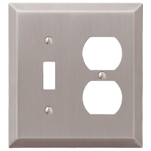 Brushed nickel wall plate with one toggle and one duplex outlet opening for home improvement projects