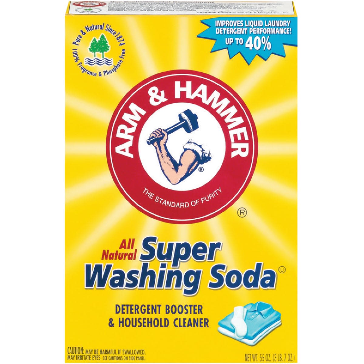 Yellow box of Arm & Hammer Super Washing Soda for boosting laundry detergent and household cleaning tasks