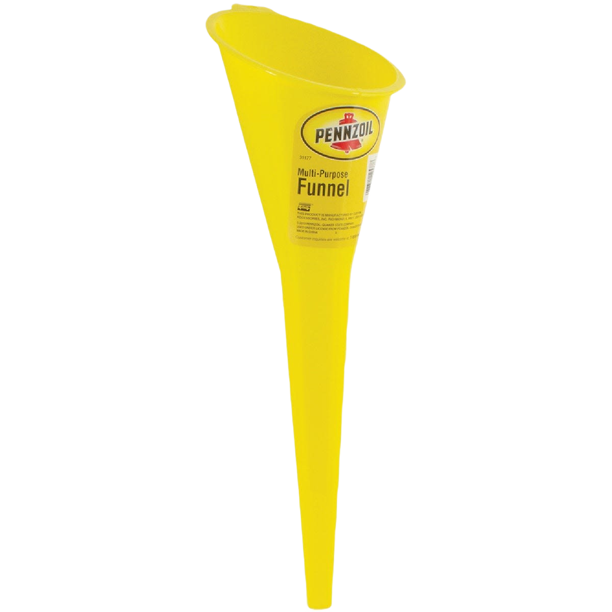 Yellow plastic funnel with extended neck for automotive fluid transfer in gas cans and lubricant supplies collections