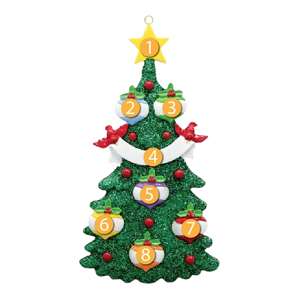 Green glitter Christmas tree ornament decorated with six numbered heart-shaped ornaments and topped with a yellow star