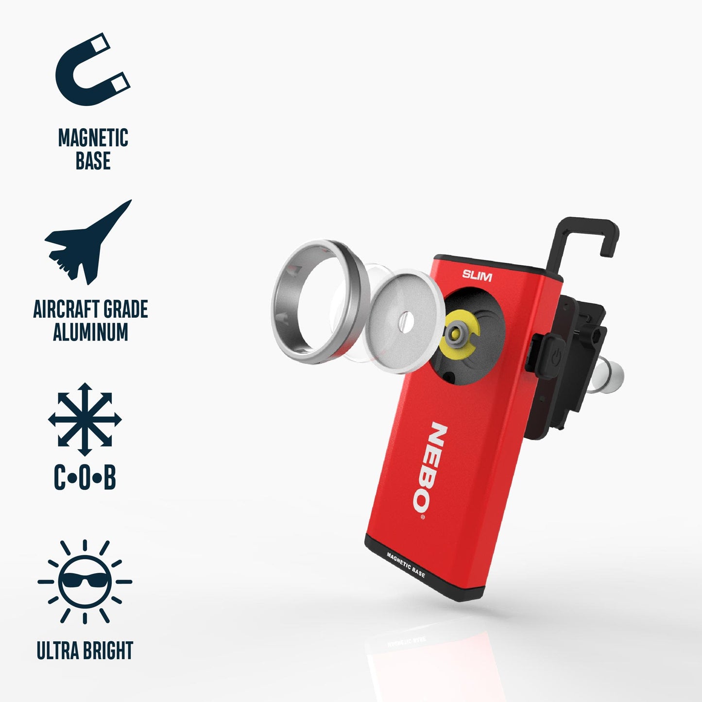 Red rechargeable LED pocket light with magnetic base and aircraft-grade aluminum housing for tools and home improvement projects