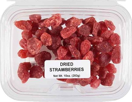 Clear plastic container filled with 10-ounce dried strawberries for snacks and baking in candy and food collection