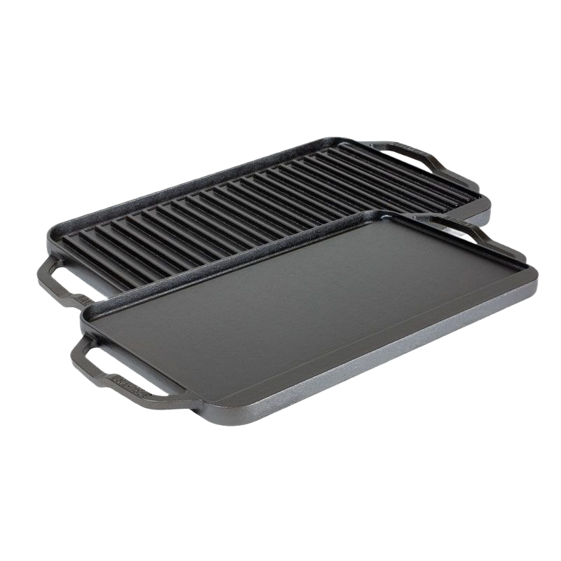 Reversible cast iron grill and griddle with handles for versatile cooking in kitchenware and outdoor grilling collections