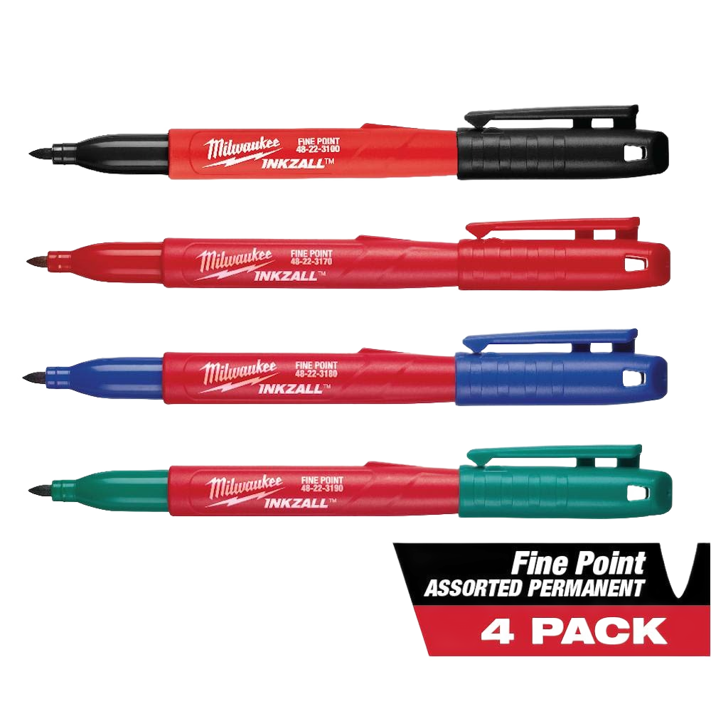 Set of four fine point permanent markers in assorted colors designed for tools and home improvement use