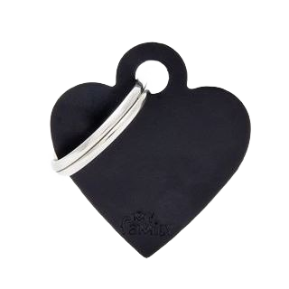 Small black heart-shaped tag with silver keyring for pet or personal identification use