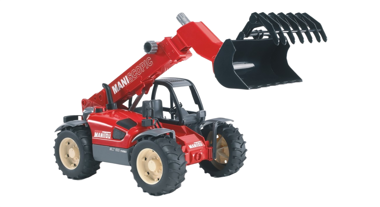 Red Bruder Manitou telescopic loader toy with extendable arm and adjustable black bucket in Vehicles & Remote Controlled Toys