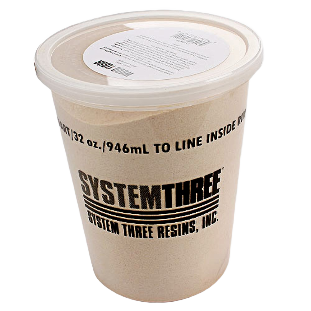 Clear plastic container filled with fine light wood flour powder for woodworking and home improvement projects