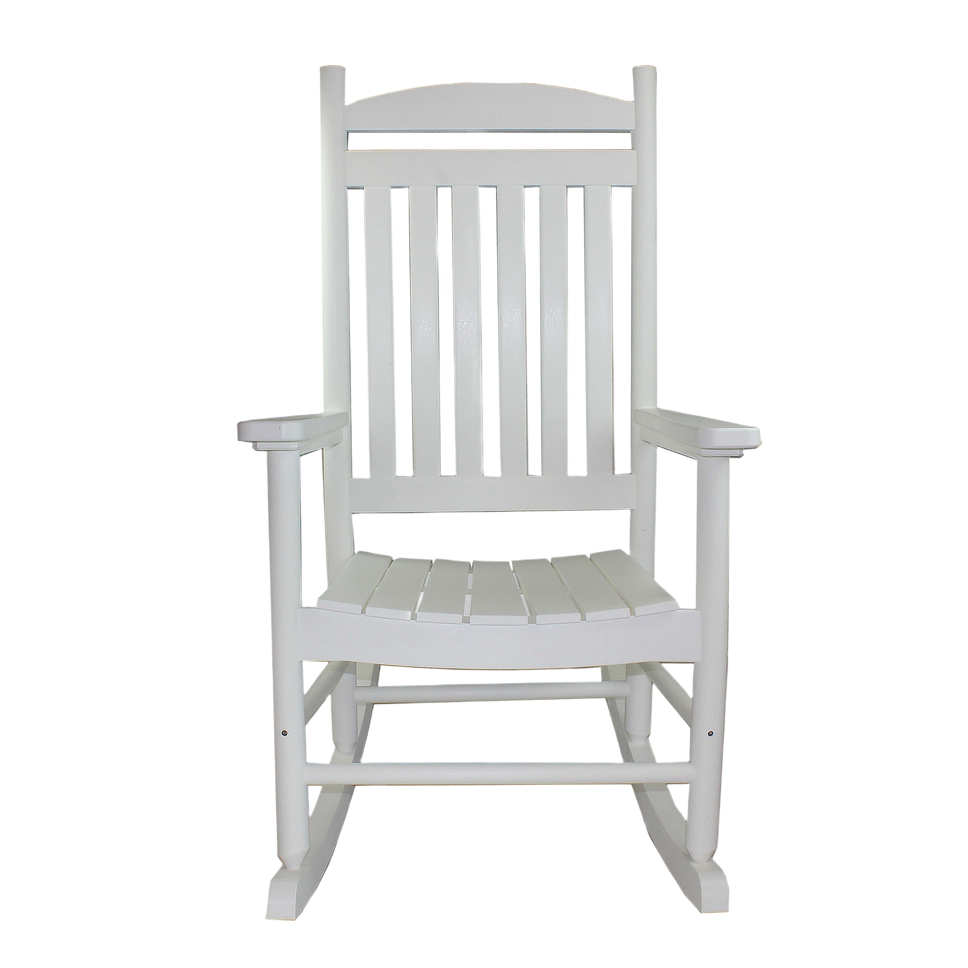 Classic white wooden porch rocker with slatted back and seat for outdoor living and patio furniture collections
