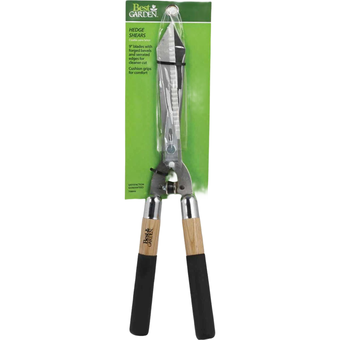 Carbon steel serrated hedge shear with wooden handles and black cushioned grips for comfortable garden trimming tasks