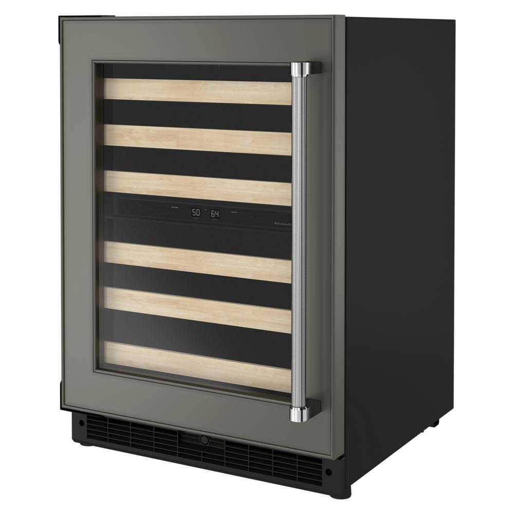 undercounter wine cellar with wood-front racks, dual temperature zones, glass door, and stainless steel handle for kitchens