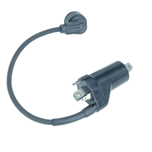 Electrical coil with black casing and attached ignition wire for automotive and tractor engine repair tools