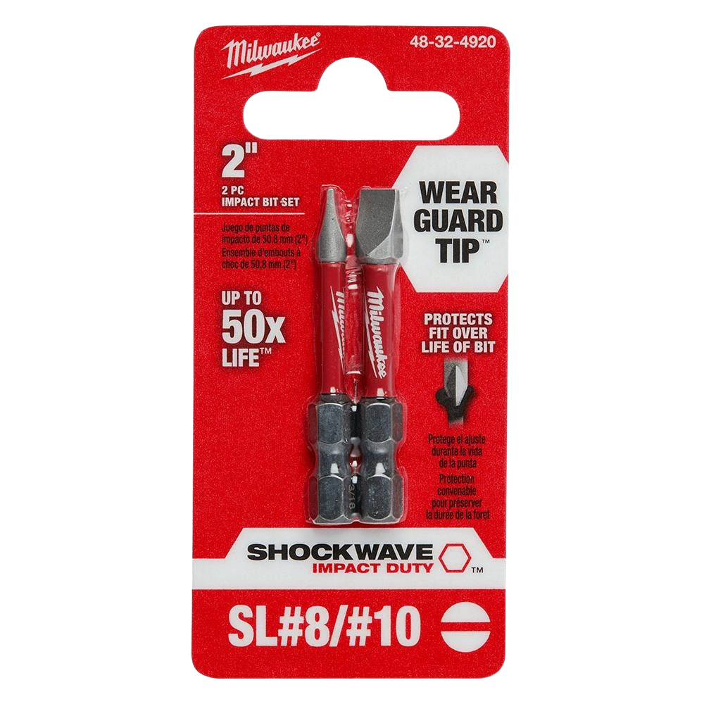 Two 2-inch red impact driver bits with wear guard tips in branded packaging for tools and home improvement tasks