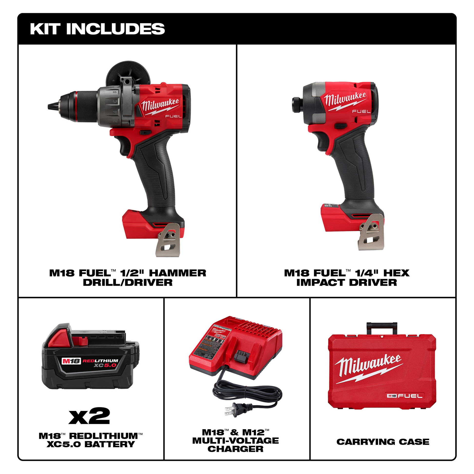 Compact red and black cordless hammer drill and impact driver with batteries, charger, and sturdy carrying case for home projects