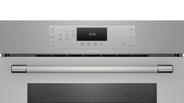Stainless steel single wall oven control panel with digital clock and touch buttons in Wall Ovens and Appliances collections