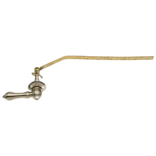 Brushed nickel decorative toilet handle with adjustable brass mounting arm for home improvement projects
