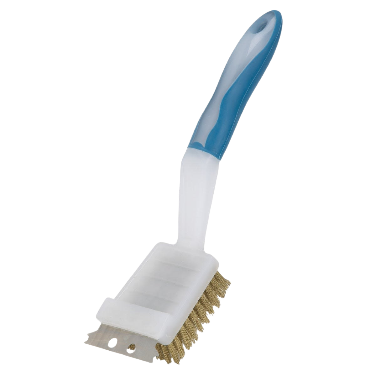 Grill brush with blue textured handle and crimped brass bristles for cleaning barbeque grills and outdoor accessories