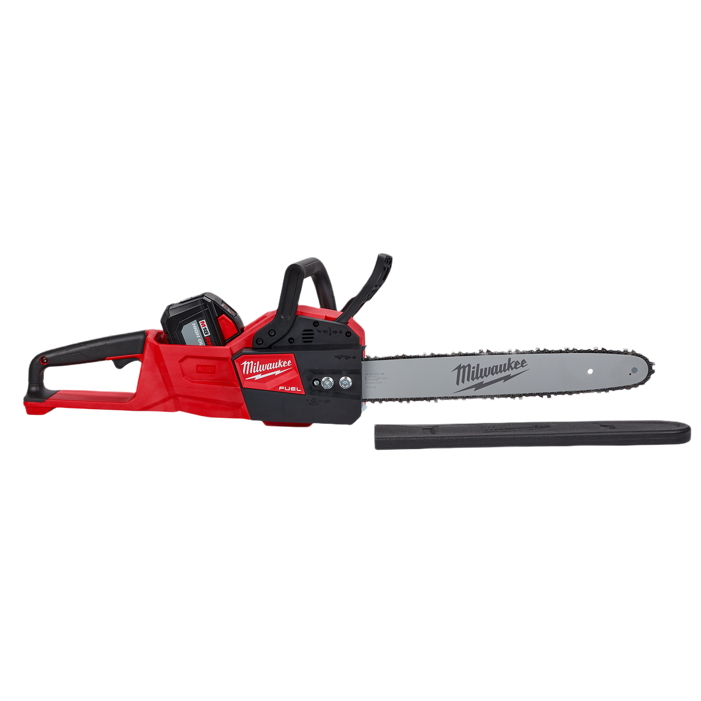 Red Milwaukee cordless chainsaw with 16-inch bar and battery in outdoor power tools and lawn & garden collections