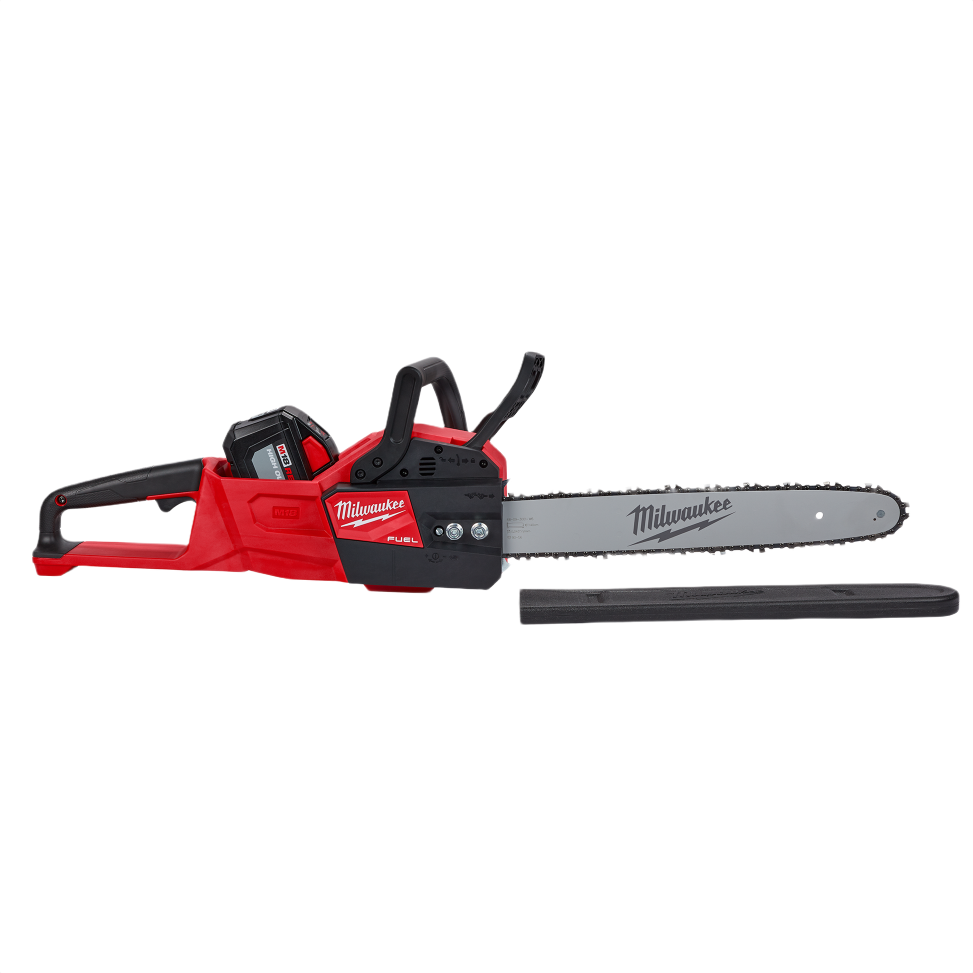 Red Milwaukee cordless chainsaw with 16-inch bar and battery in outdoor power tools and lawn & garden collections