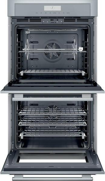Open stainless steel double wall oven with multiple cooking racks and convection fan from Thermador appliances collection