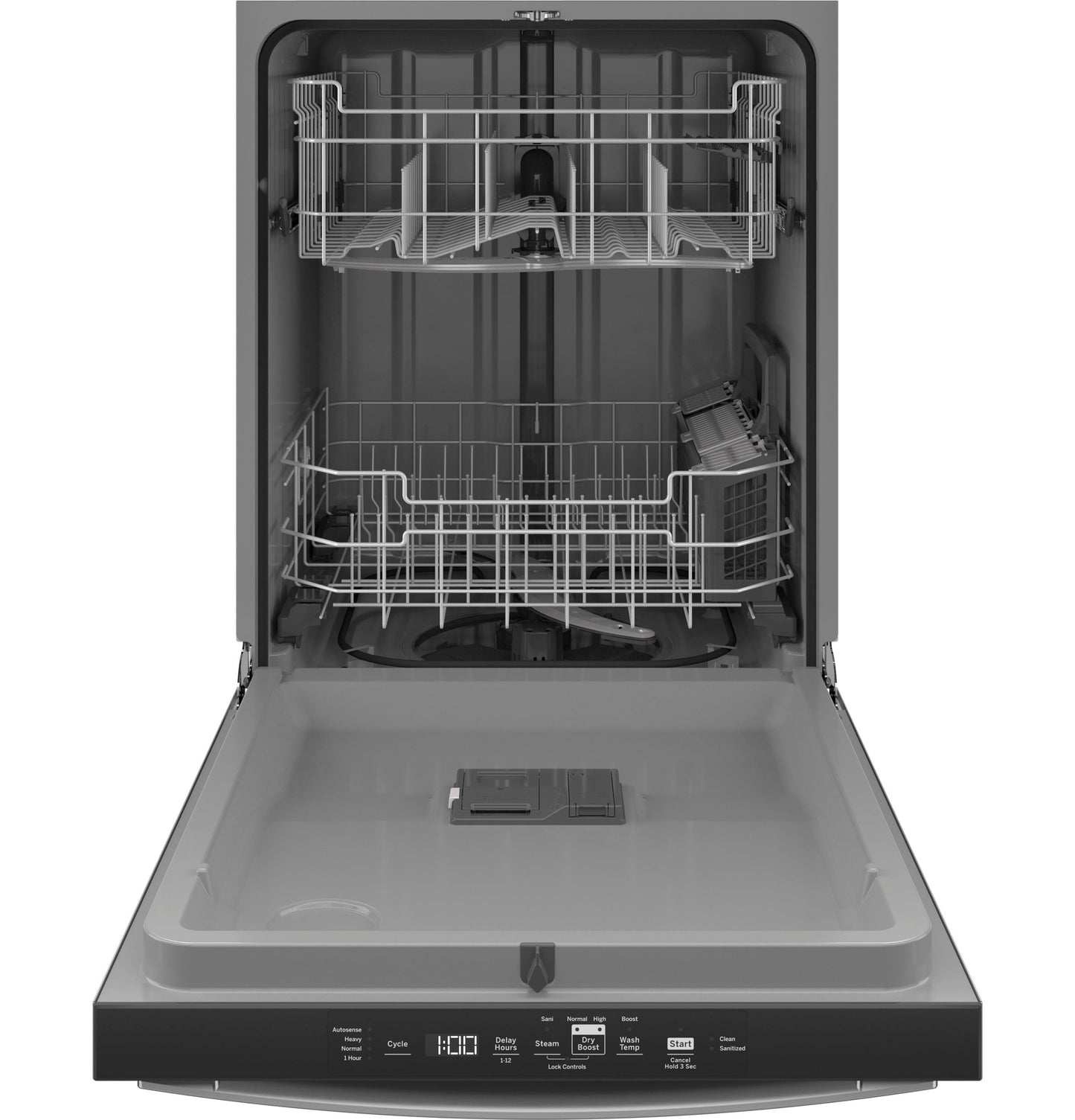 Open built-in dishwasher with plastic interior, top control panel, racks, and utensil holder in kitchen appliances collection