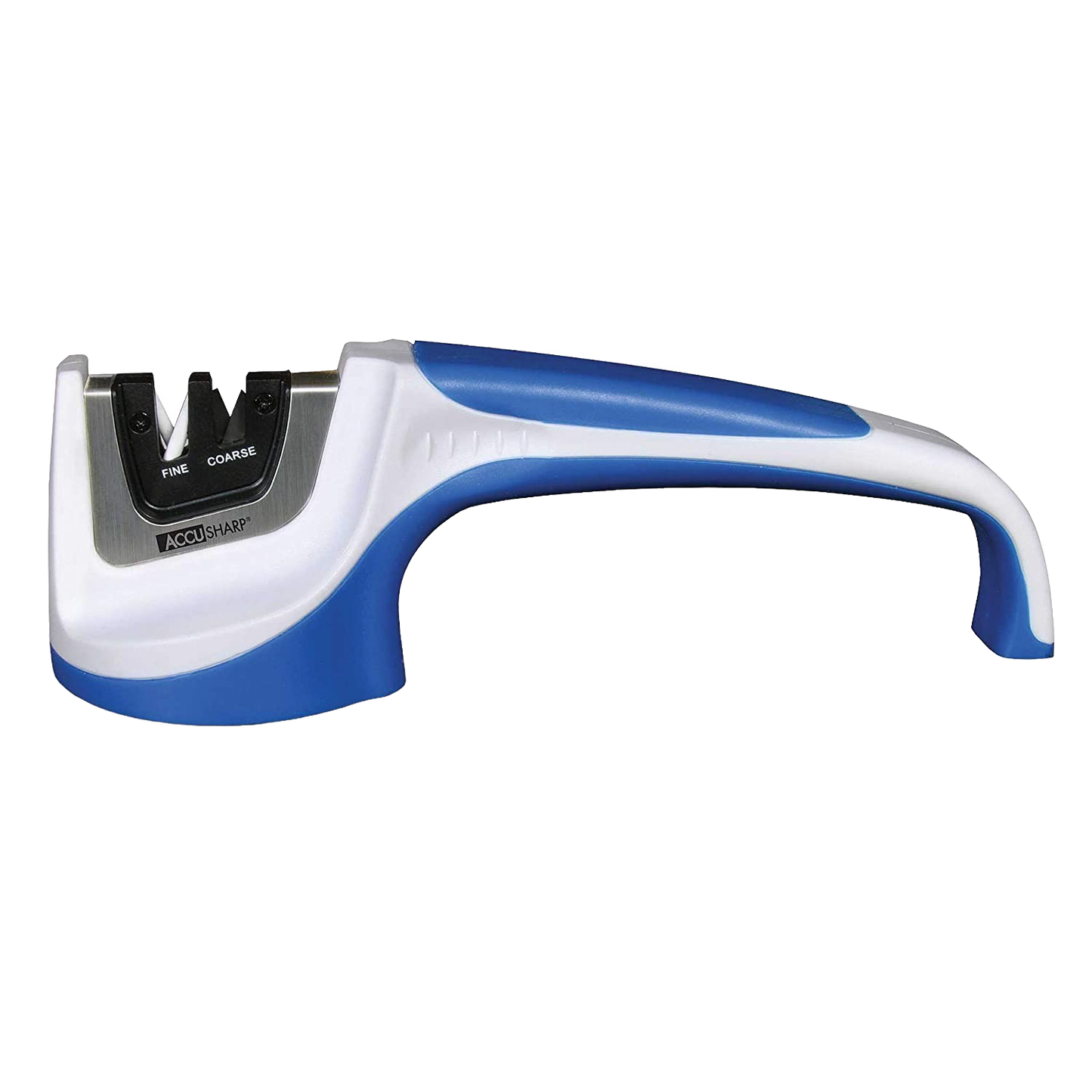 Blue and white handheld pull-through knife sharpener with tungsten carbide and ceramic rods in woodworking tools collection