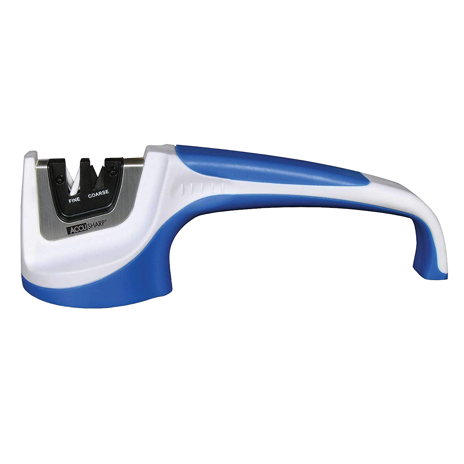 Blue and white handheld pull-through knife sharpener with tungsten carbide and ceramic rods in woodworking tools collection