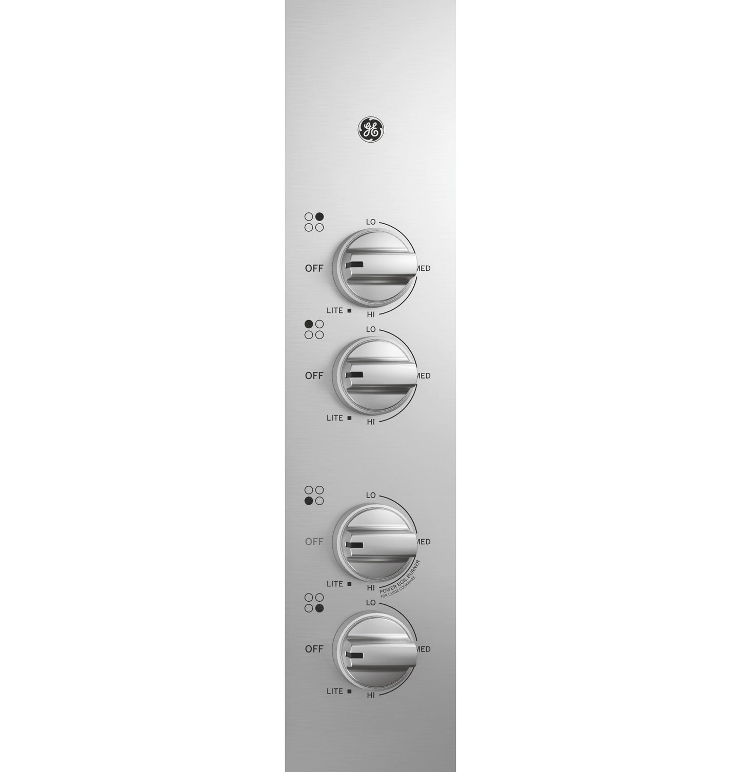 Stainless steel control panel with four gas cooktop knobs featuring LED indicators from Cooktops and Kitchen & Kitchenware collections
