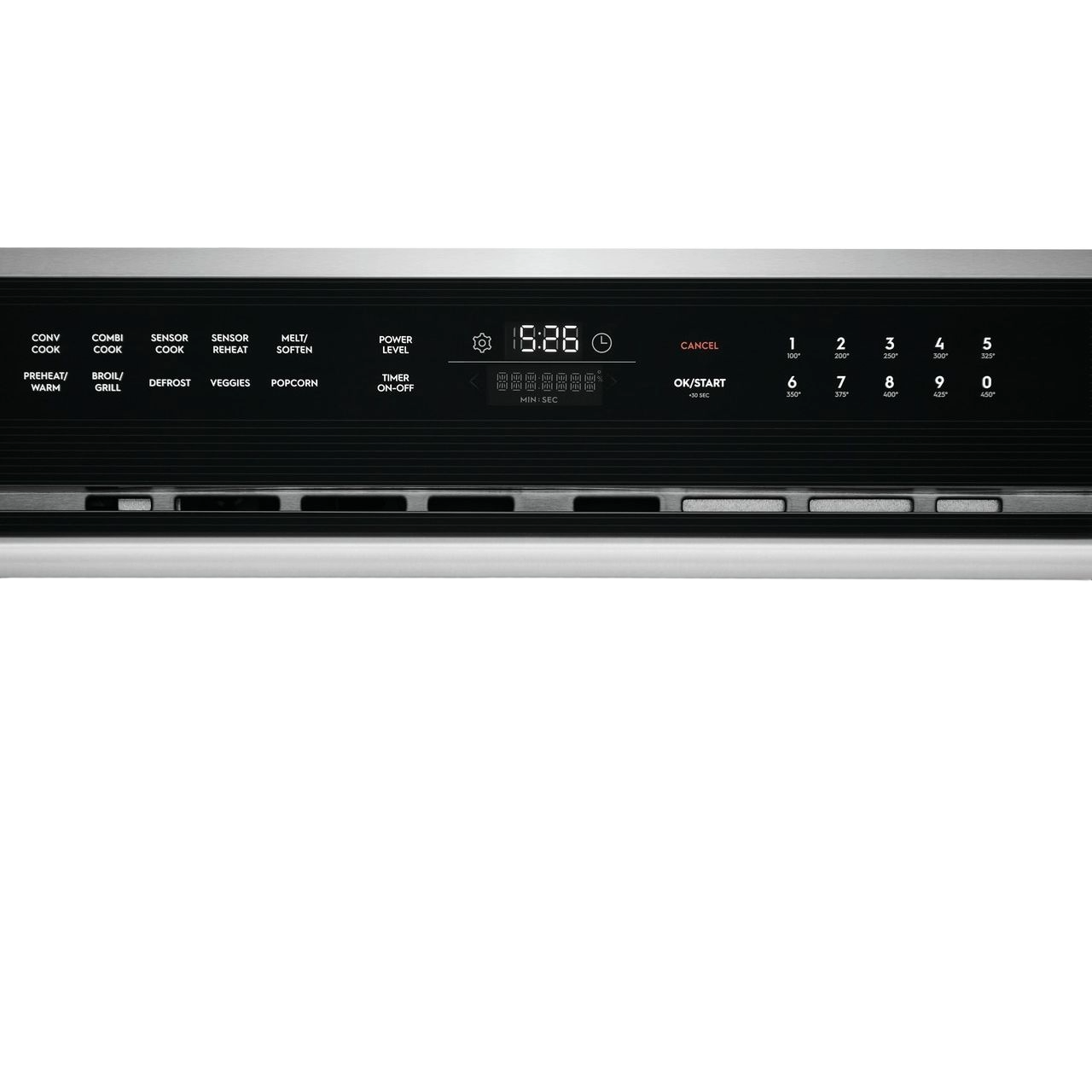 Digital control panel with timer and multiple cooking options on built-in stainless steel microwave oven
