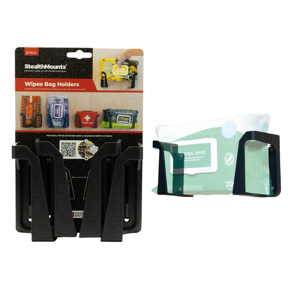 Black plastic wipe holders designed for garage and dorm storage, fitting wipes up to 80mm deep in home organization settings