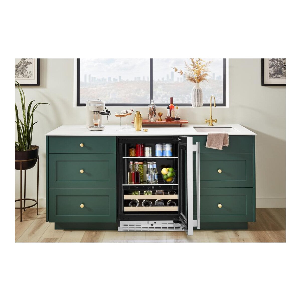 4.8 Cu. Ft. 24-Inch Beverage Center with Right Door Swing and 14-Wine Bottle Capacity with Wood-Front Racks in PrintShield® Stainless Steel