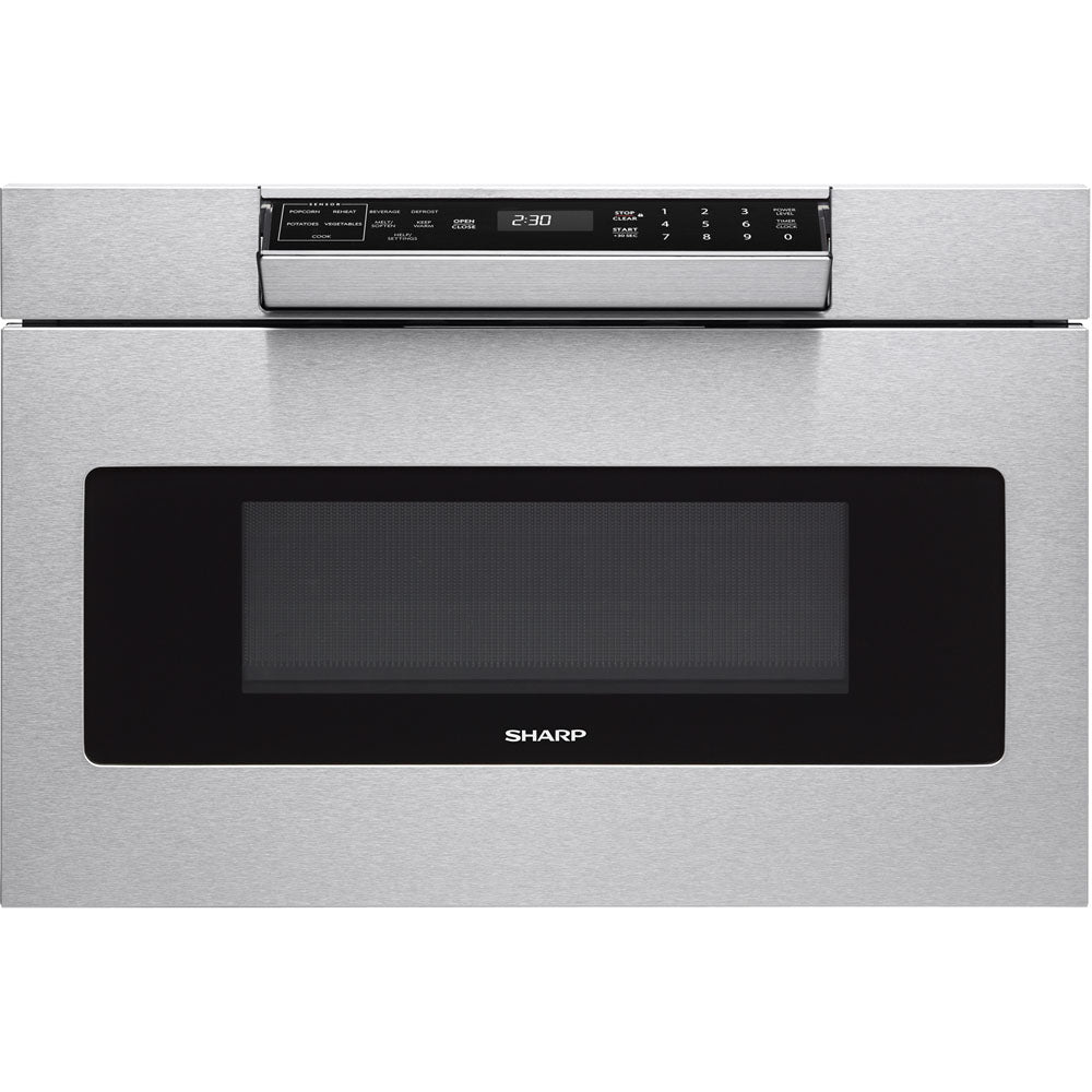Stainless steel built-in microwave drawer with digital control panel and black tinted window in kitchen appliances collection