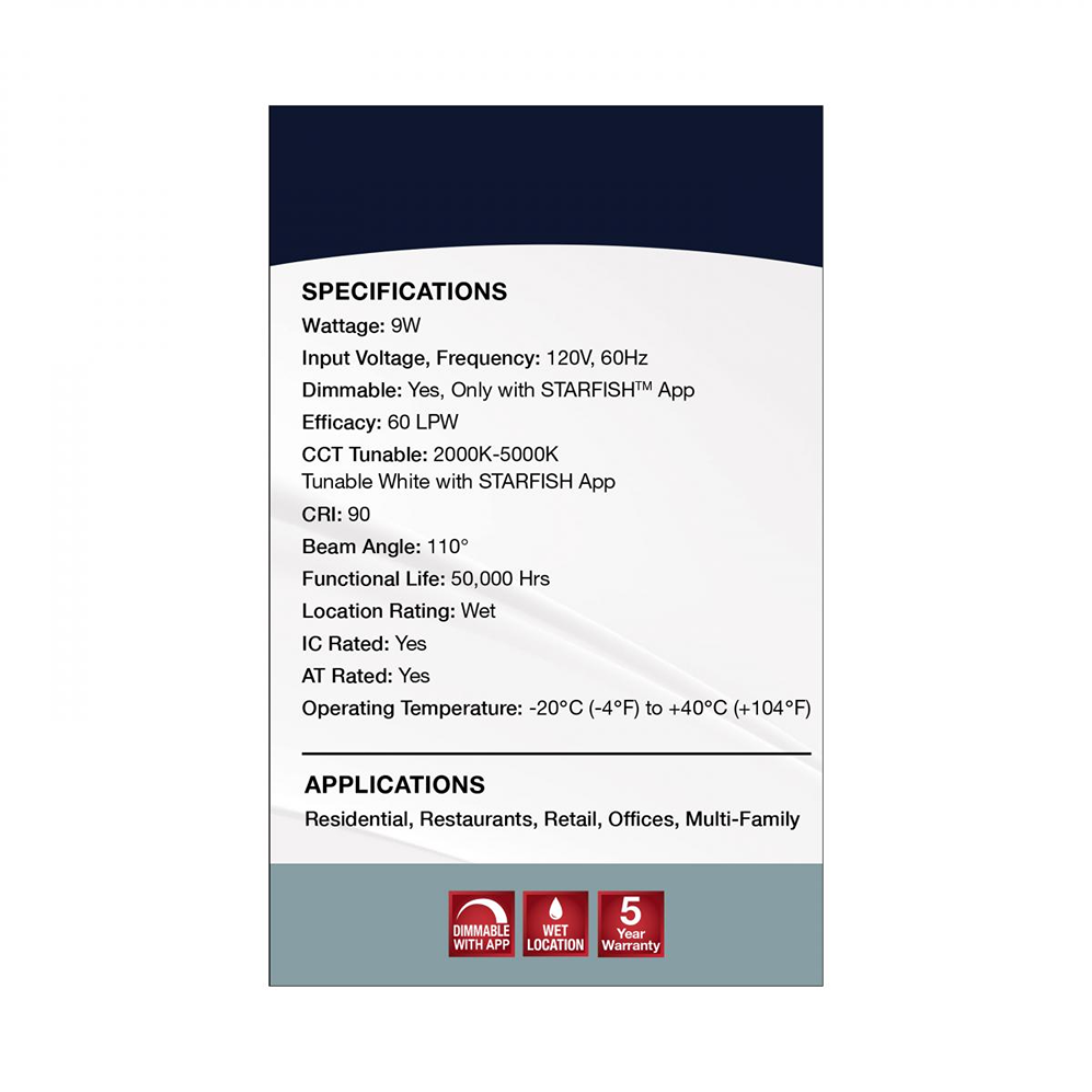 Specification sheet detailing a 9W LED downlight with tunable white, app dimming, and wet location rating for home improvement.