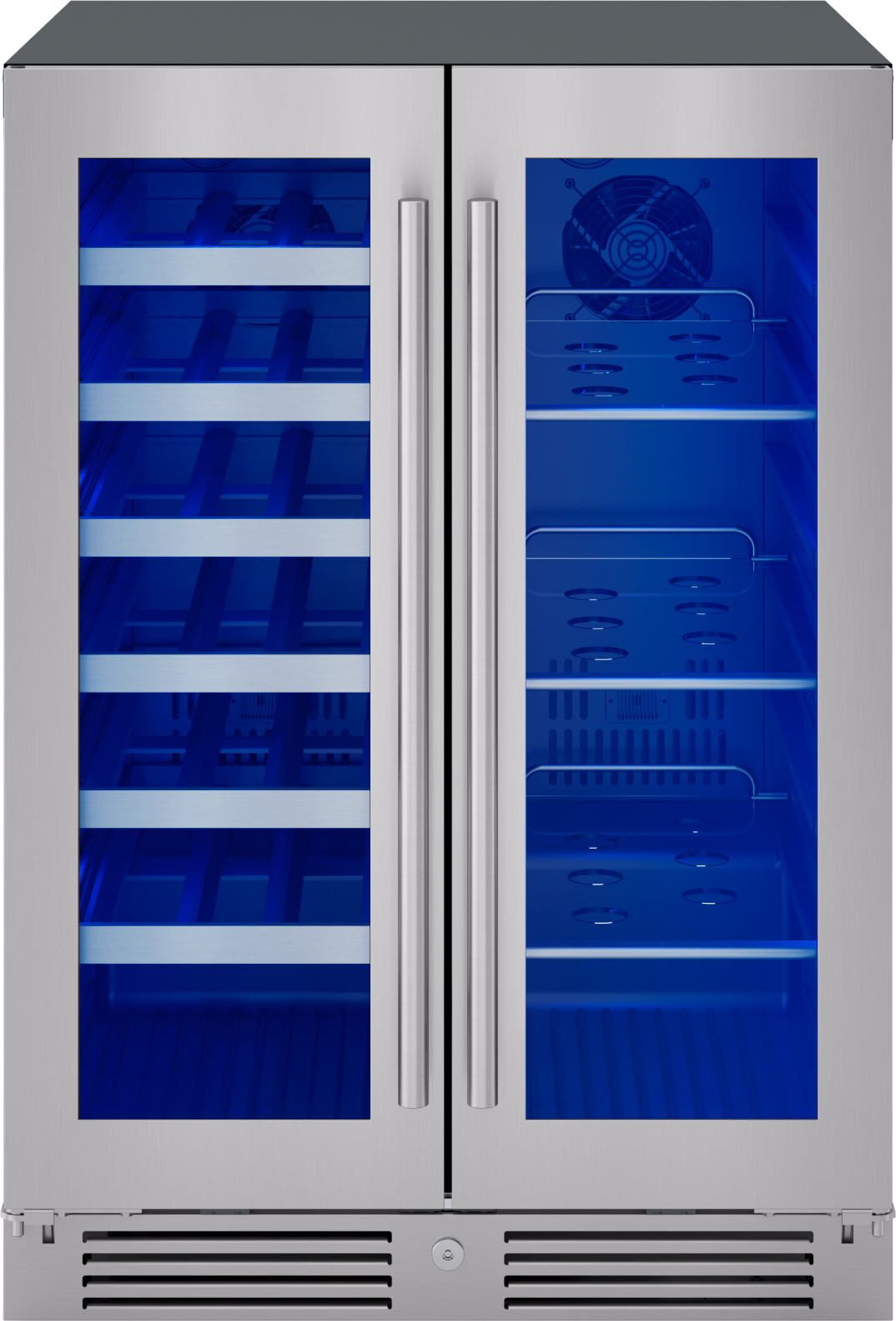 Stainless steel dual zone beverage cooler with French doors, adjustable shelves, and blue interior lighting from Appliances collection