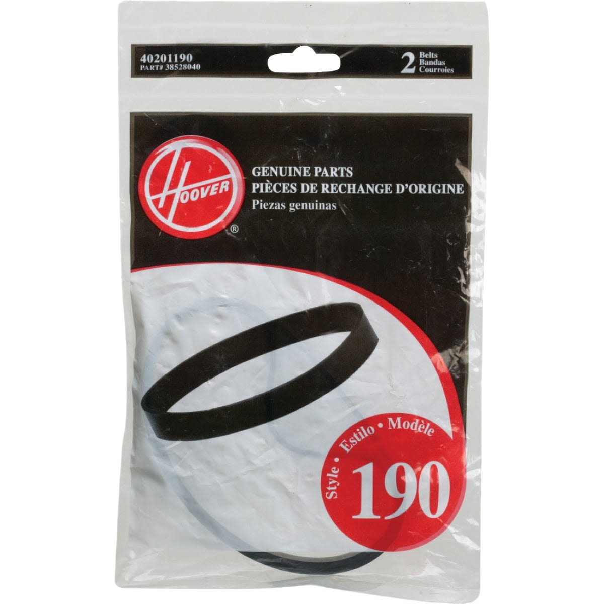 Package containing two genuine replacement vacuum cleaner belts for Hoover model 190 in clear resealable bag