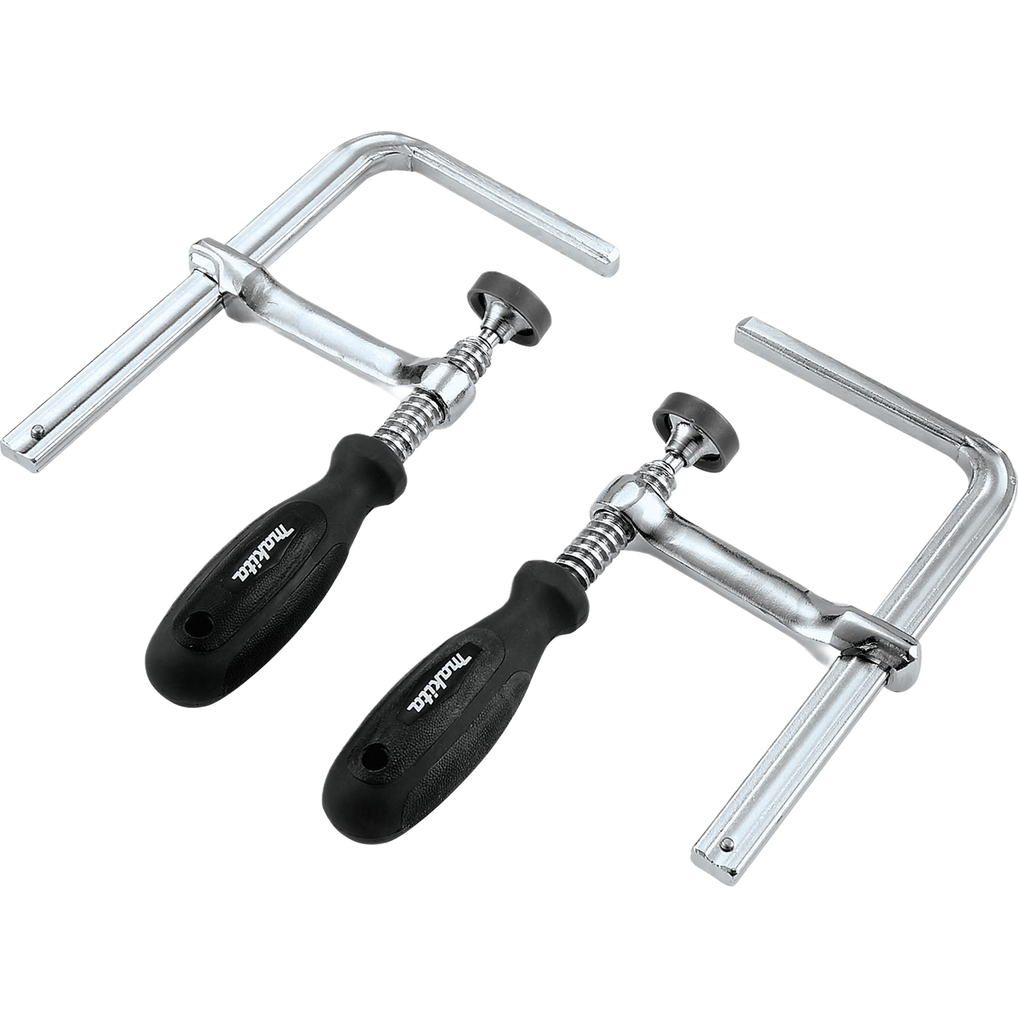 Two metal guide rail clamps with black ergonomic handles for secure fixtures in tools and home improvement projects