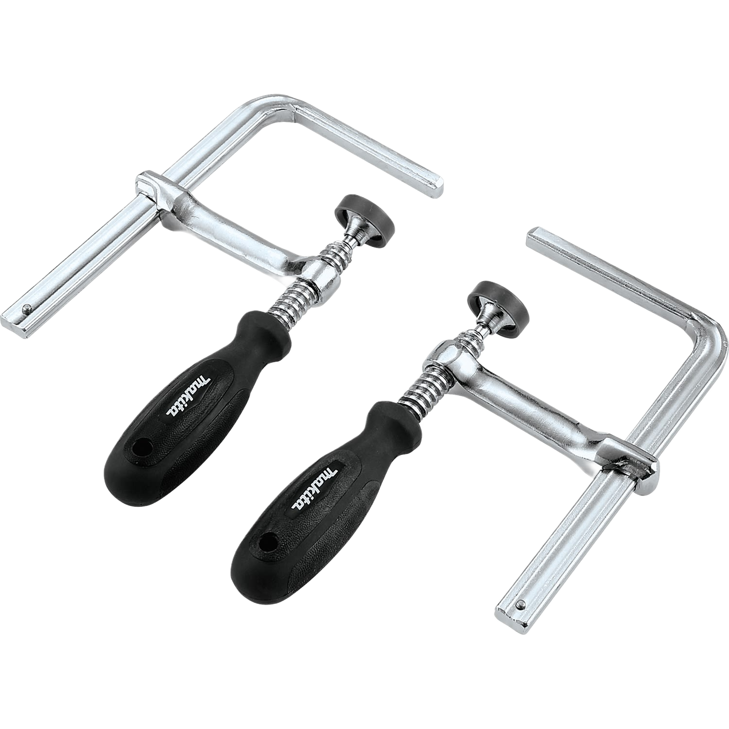 Two metal guide rail clamps with black ergonomic handles for secure fixtures in tools and home improvement projects