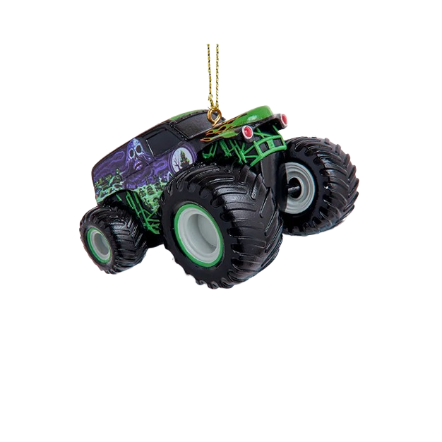 Miniature monster truck ornament with green and purple ghost design, perfect for Christmas tree decorations under $50 collections