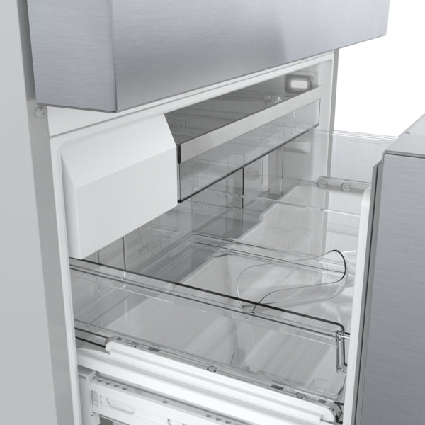Open view of bottom freezer compartment with transparent plastic bins and stainless steel exterior from Bosch Appliances collection