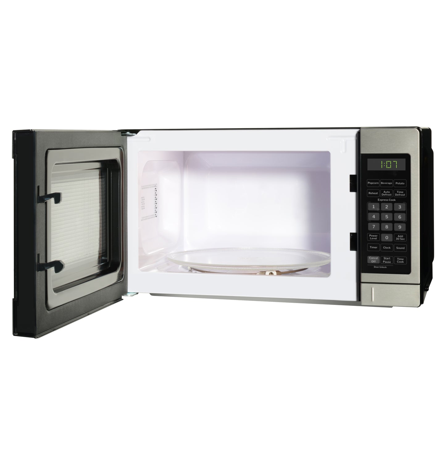Countertop microwave oven with open door showing interior glass turntable and digital keypad control panel