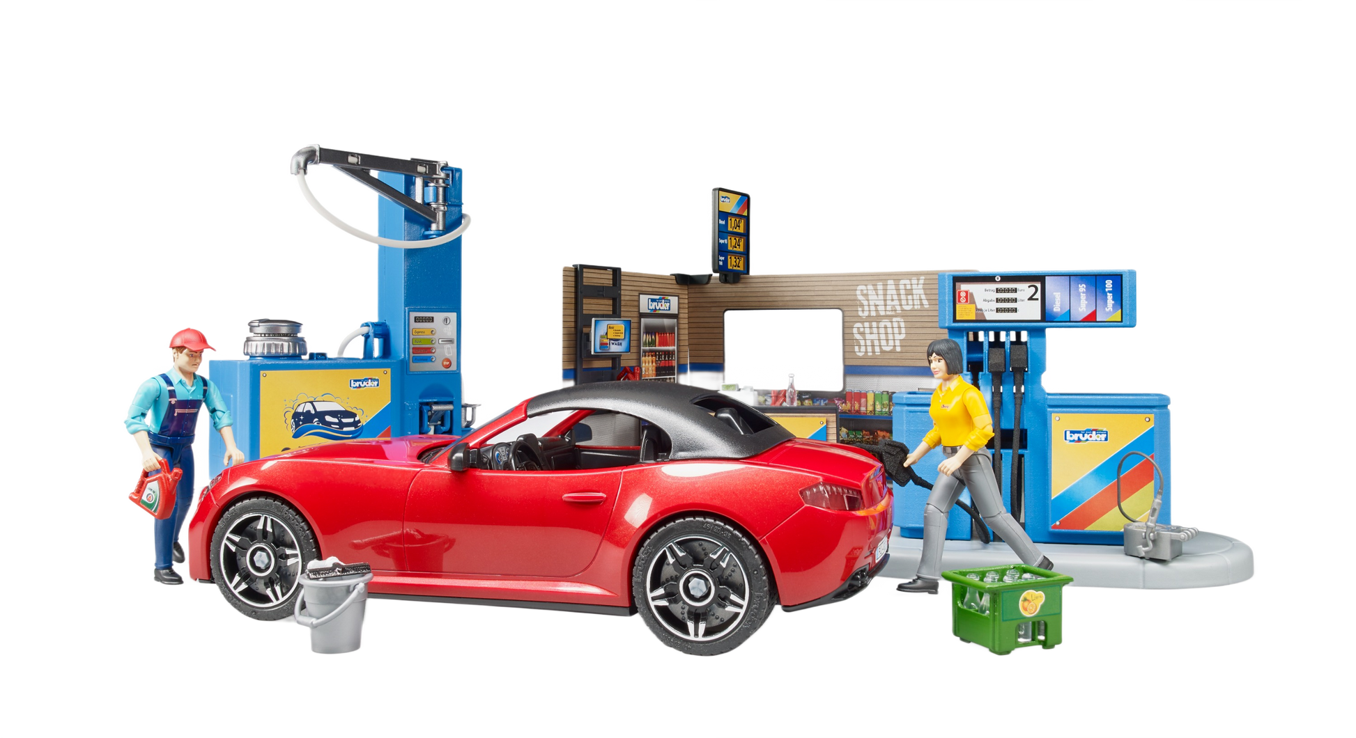 Miniature gas station and car wash playset with red sports car, fuel pumps, snack shop, and two human figurines